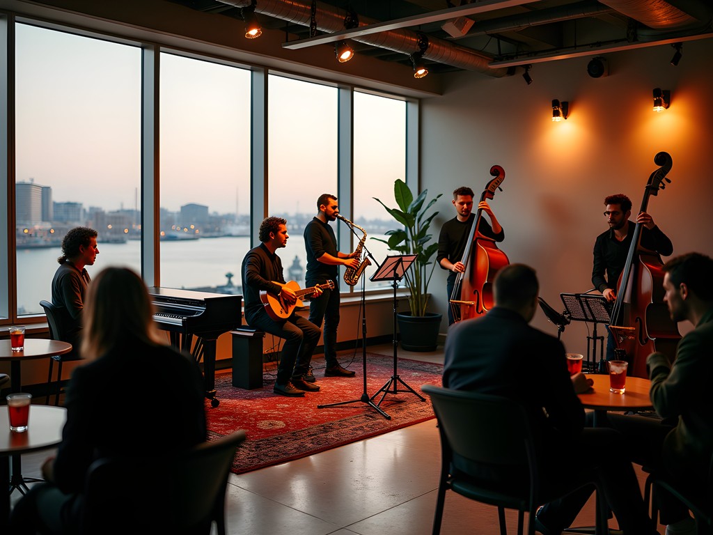 Intimate jazz performance at LantarenVenster in Rotterdam with musicians and attentive audience in warm lighting