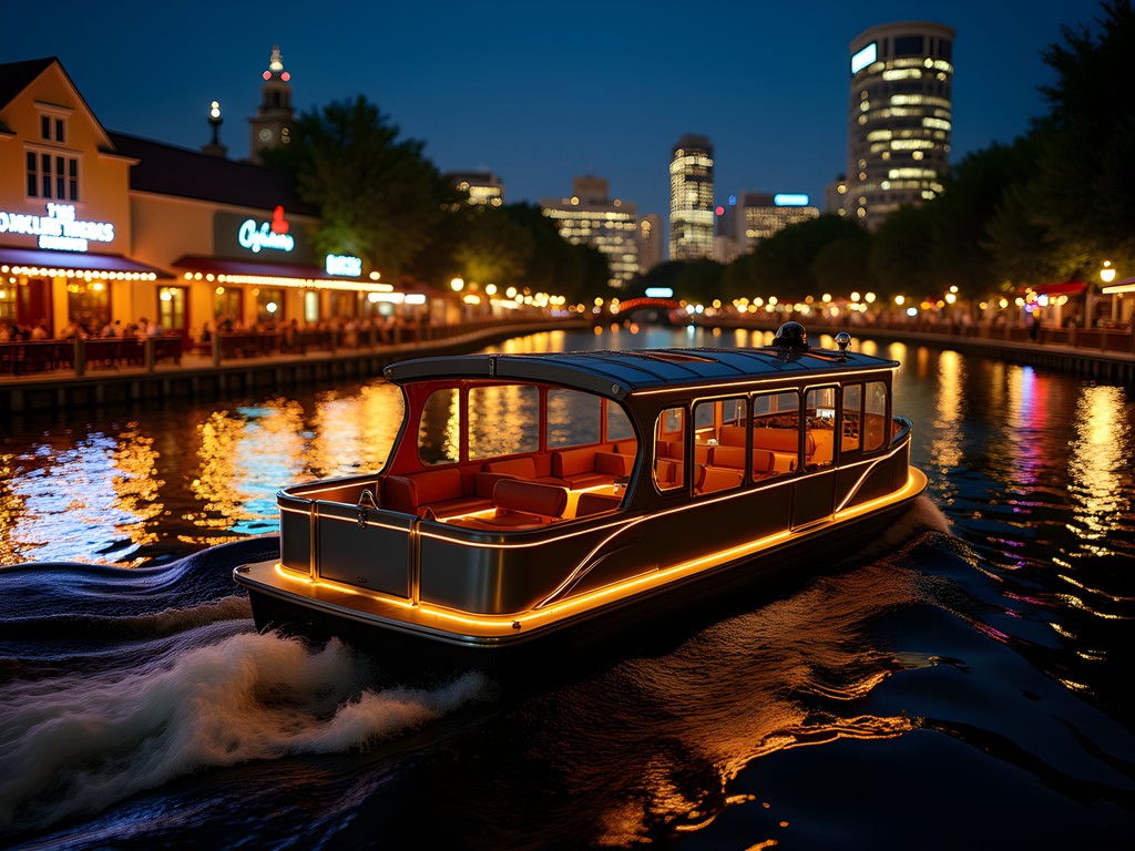 Private luxury river shuttle navigating San Antonio's illuminated River Walk at night