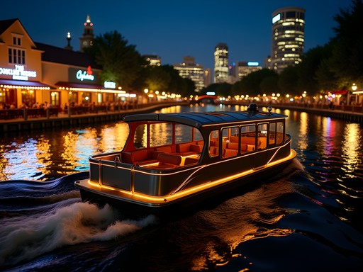 Private luxury river shuttle navigating San Antonio's illuminated River Walk at night