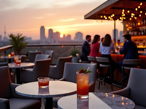 Elegant rooftop bar in San Antonio with craft cocktails and city skyline views at sunset