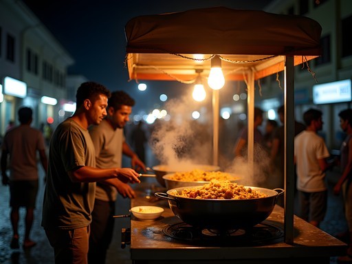 Late night street food vendor serving traditional Trinidadian dishes in San Fernando