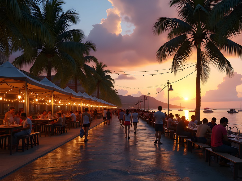 Sunset view of San Fernando's waterfront promenade with locals gathering