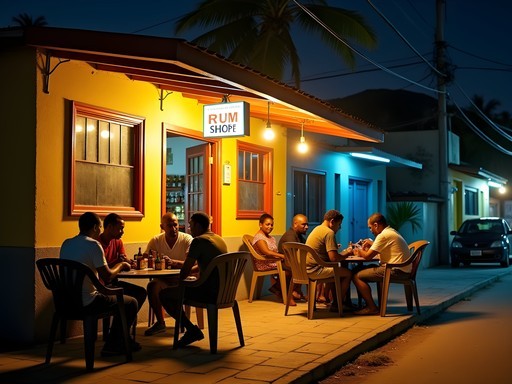 Traditional rum shop in San Fernando with locals gathering at outdoor tables