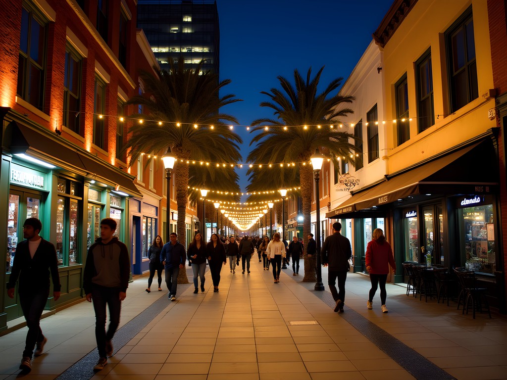 San Jose downtown street at night with people walking between bars and restaurants