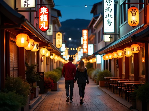 San Jose Japantown at night with illuminated Japanese signs and couples walking street