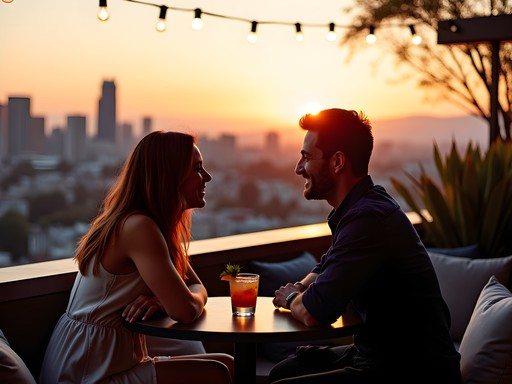 Couple enjoying cocktails at San Jose rooftop bar during sunset with city skyline views