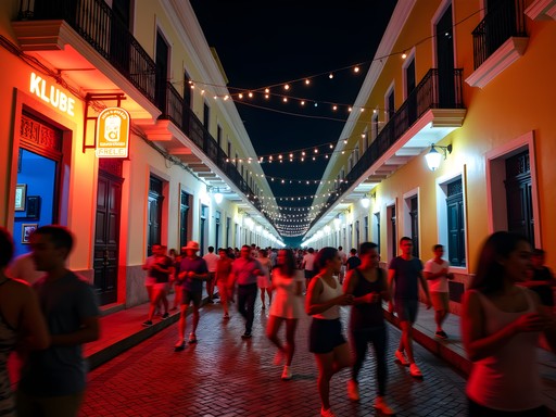 Bustling nightlife scene on Calle San Sebastian with crowds and colorful bar entrances