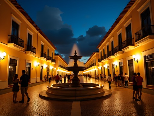 Night view of Plaza de Armas in Old San Juan with colonial buildings and atmospheric lighting