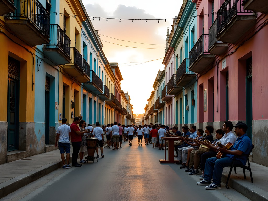 Colorful colonial buildings lining Calle Heredia in Santiago de Cuba at dusk with musicians gathering