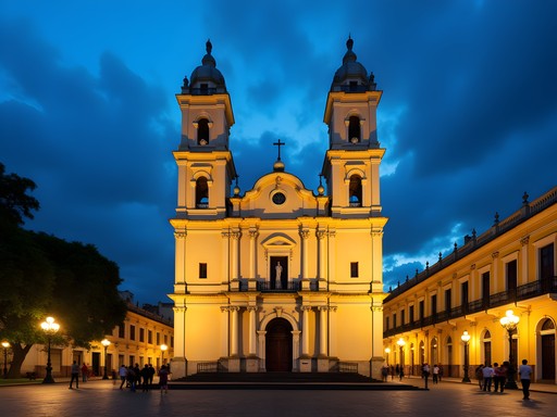 Cathedral de Nuestra Señora de la Asunción in Santiago de Cuba illuminated at dusk