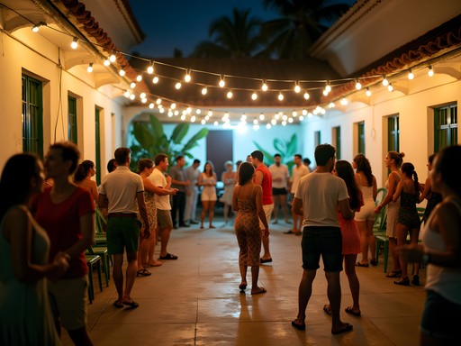 Local Cubans dancing at outdoor music venue in Santiago de Cuba at night