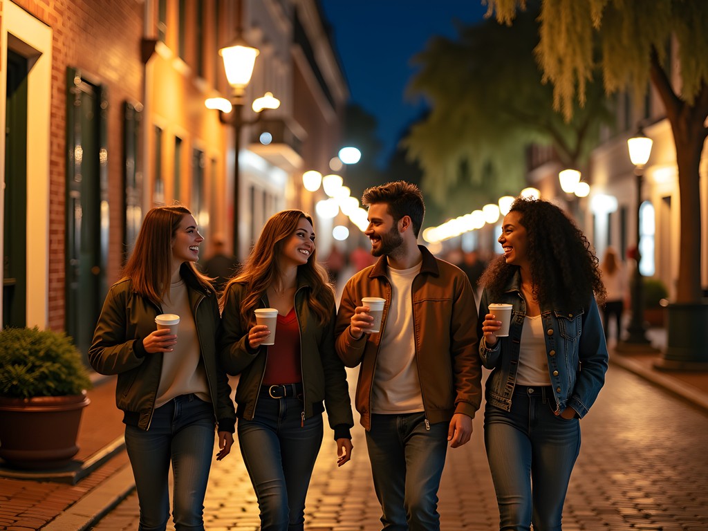 Group of friends walking along River Street at night in Savannah Georgia