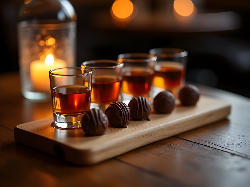 Elegant chocolate and spirits pairing flight at Ambition's late-night dessert bar