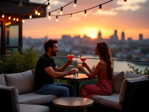 Couple enjoying sunset cocktails on Parker Inn rooftop overlooking Schenectady skyline