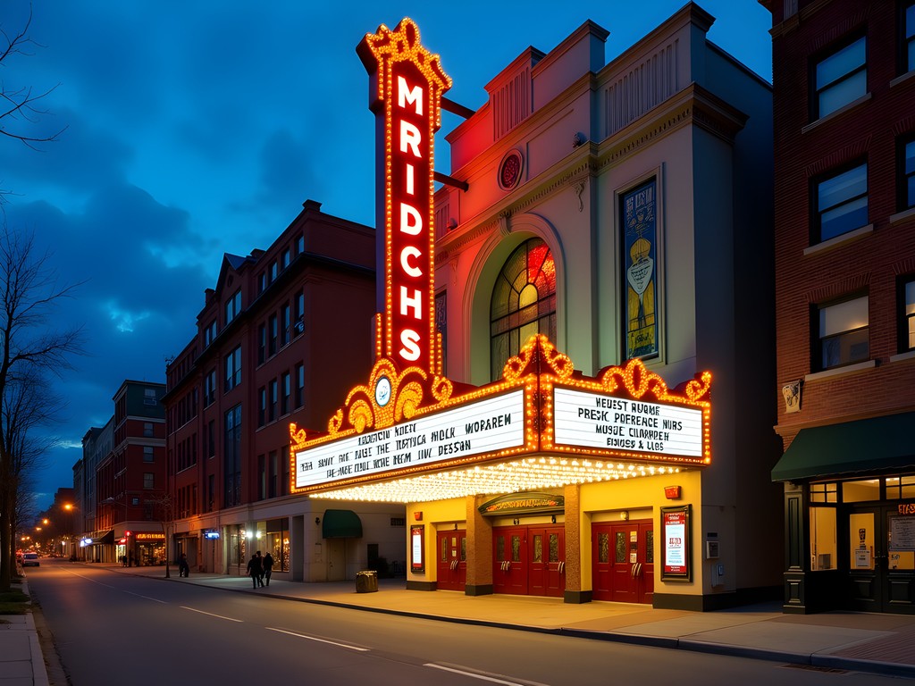 Illuminated historic Proctors Theatre marquee at night in downtown Schenectady