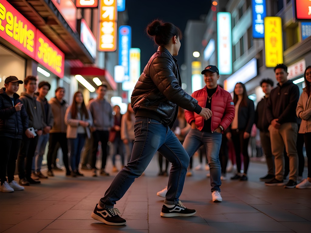 Young street performers surrounded by audience in Hongdae at night