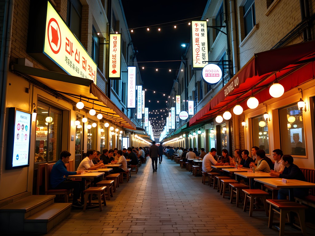 Bustling international restaurants and bars on Itaewon's World Food Street at night