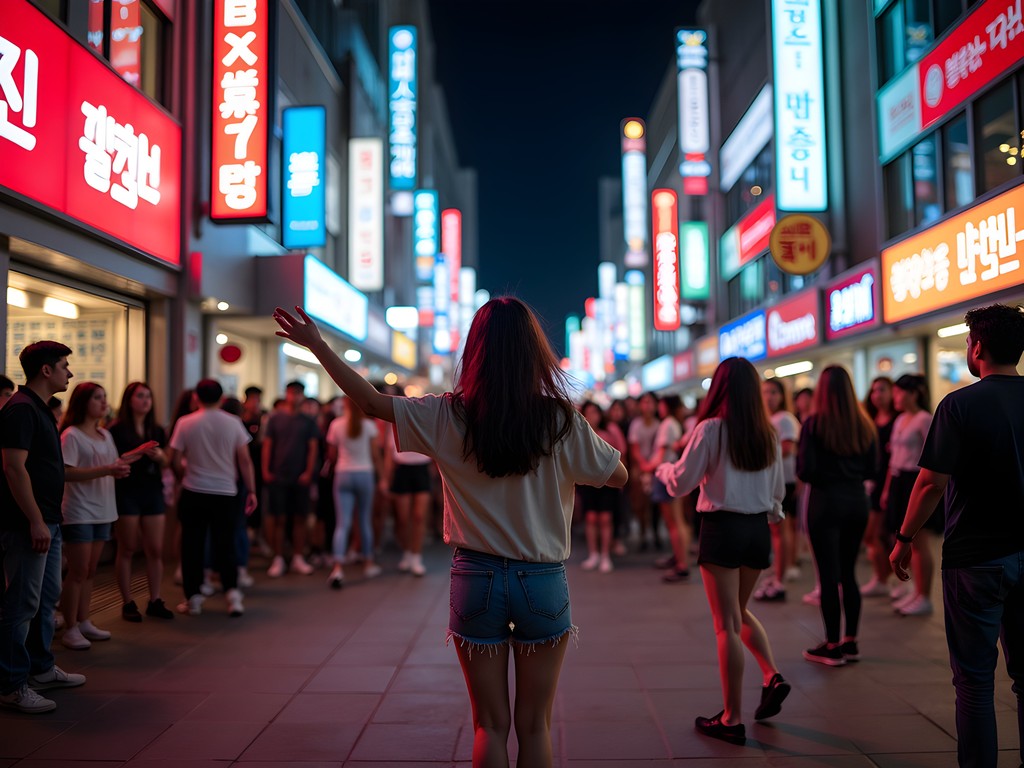 Street performers drawing crowds in Hongdae at night with neon signs in background