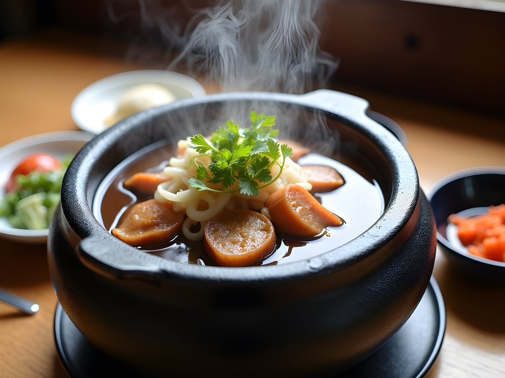 Traditional Korean haejangguk (hangover soup) being served in stone bowl