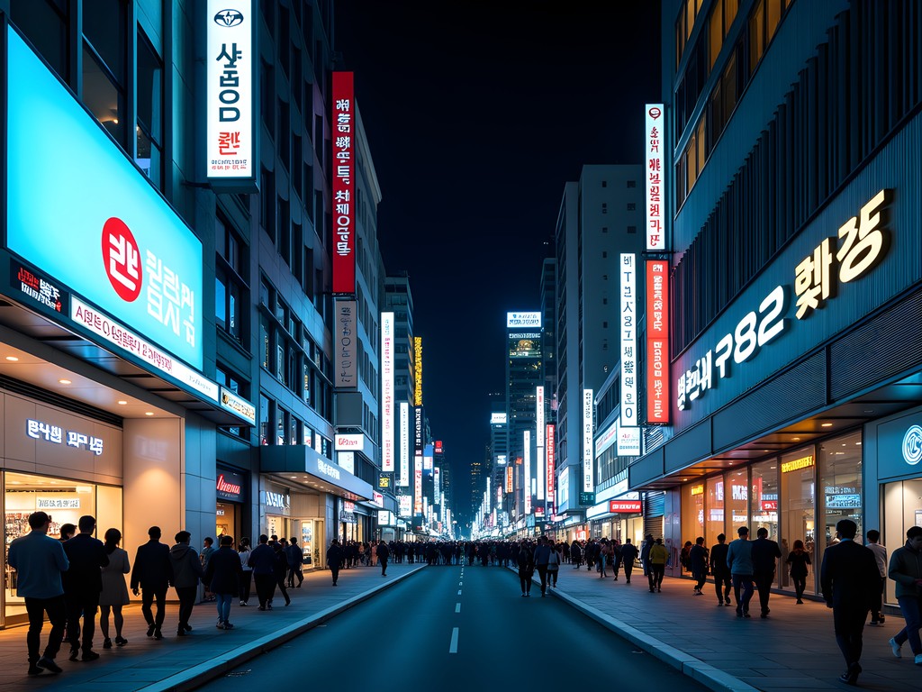 Illuminated Gangnam street at night with neon signs and nightlife crowd