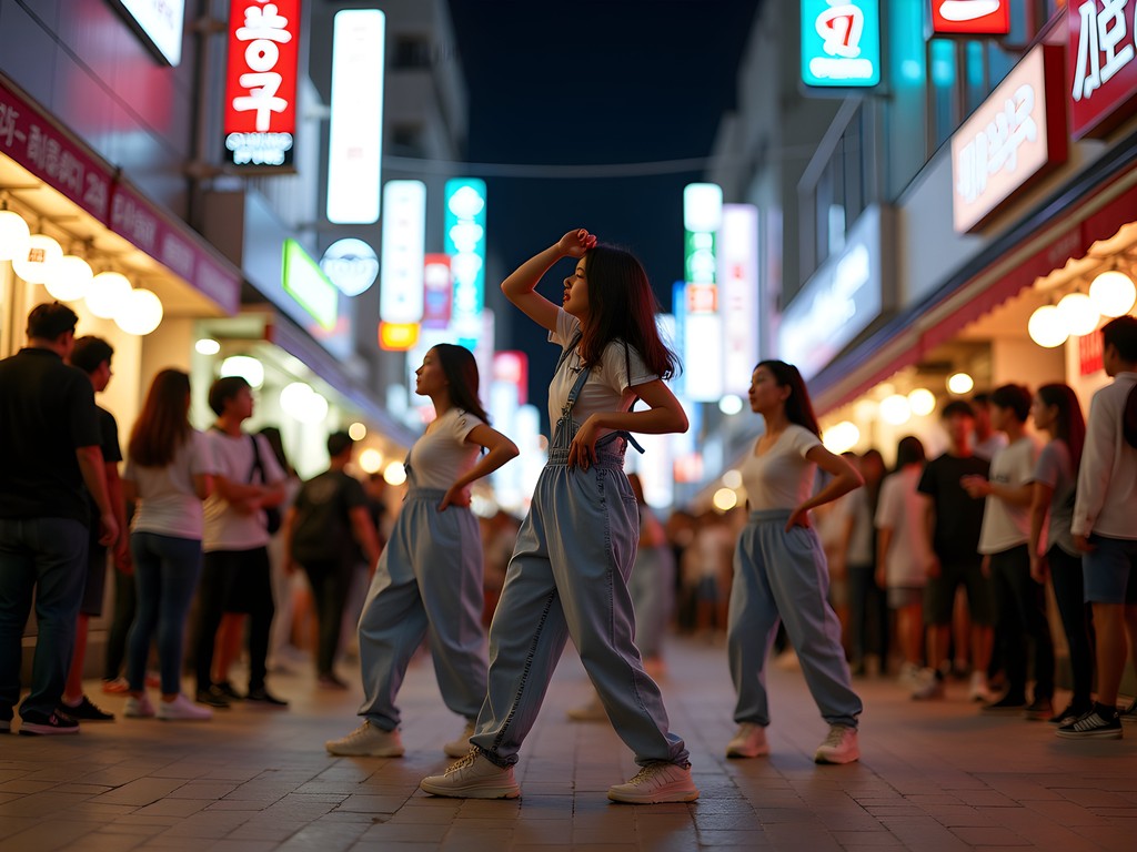 Dynamic street performance in Hongdae with crowd of young Koreans watching