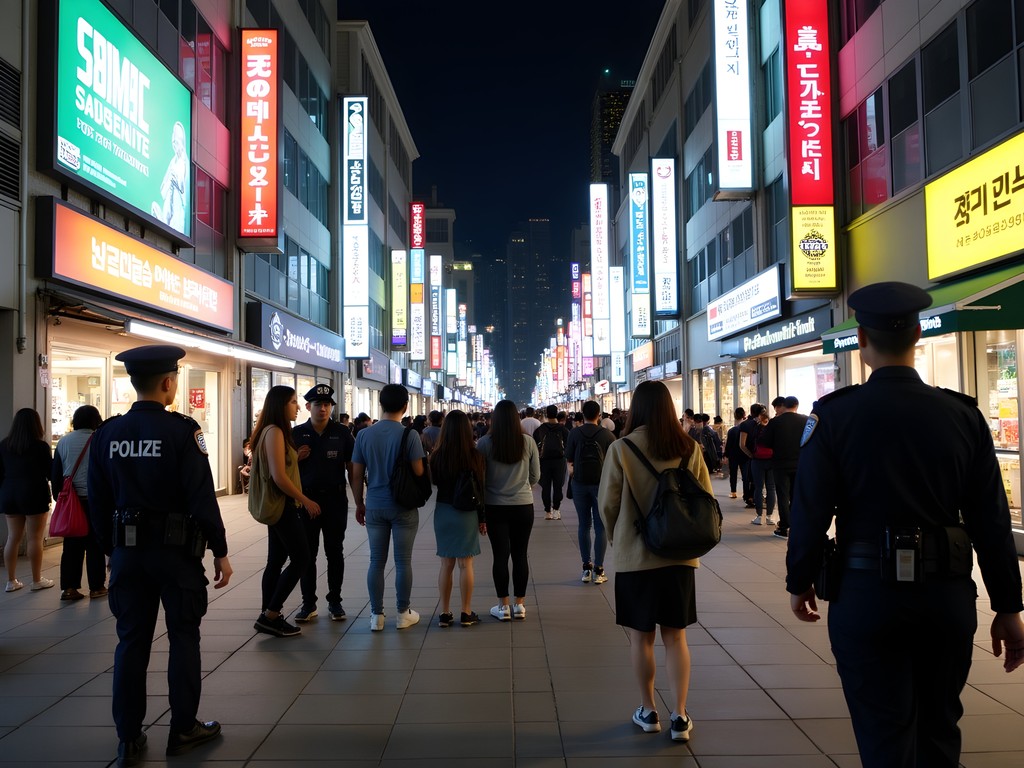 Solo female traveler navigating Seoul's vibrant nightlife streets safely