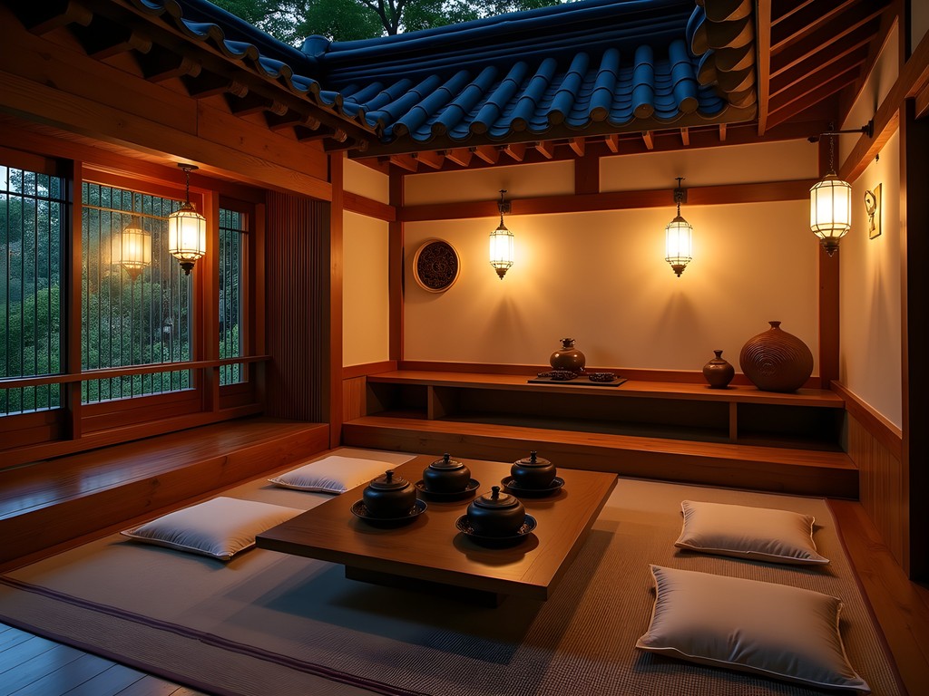 Traditional Korean tea house illuminated at night with wooden architecture and peaceful ambiance