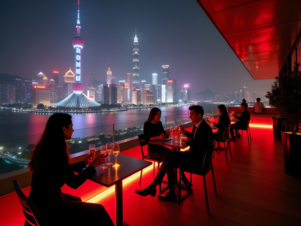 Elegant terrace at Bar Rouge Shanghai with Pudong skyline view at night