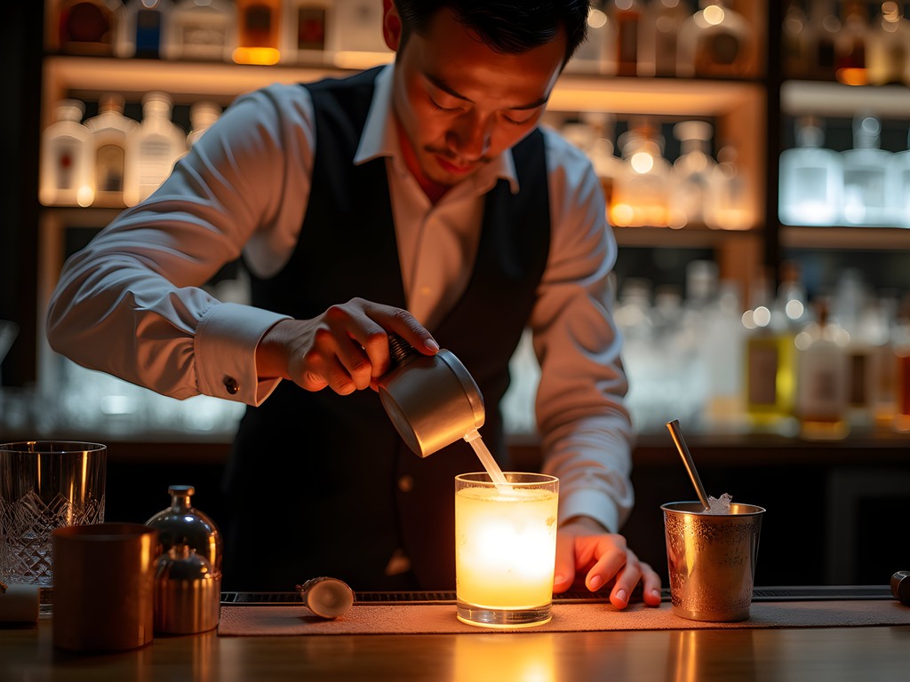 Mixologist preparing elaborate bespoke cocktail with scientific equipment in Shanghai bar