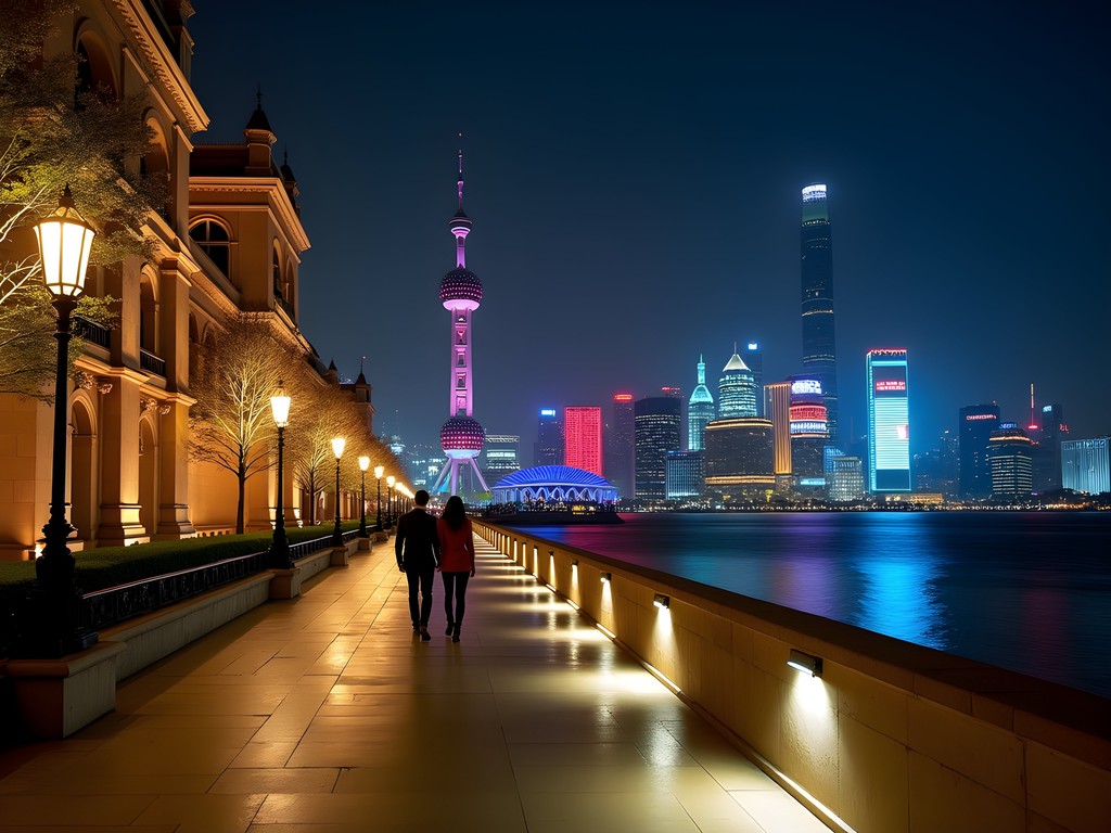 Illuminated walkway along the Bund in Shanghai at night with couples strolling