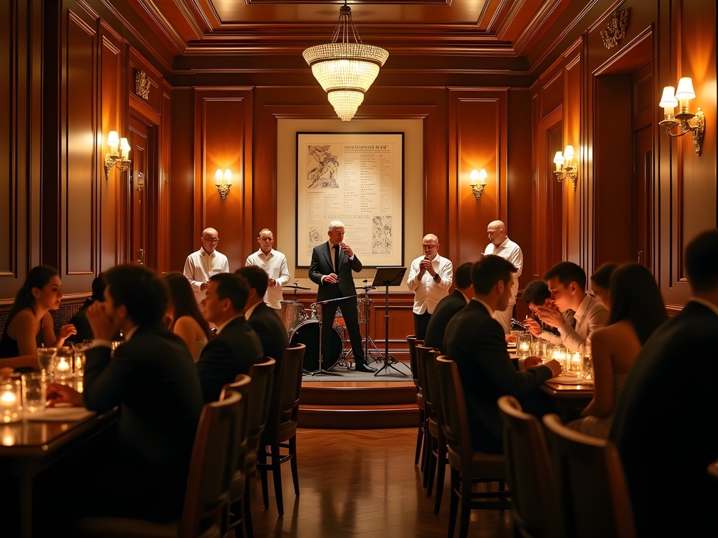 Elegant historic hotel bar in Shanghai with jazz band performing to sophisticated audience