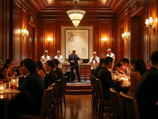 Elegant historic hotel bar in Shanghai with jazz band performing to sophisticated audience