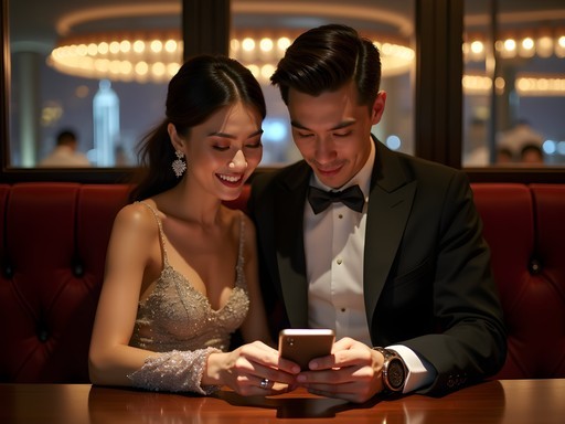 Elegant couple using smartphone payment system at upscale Shanghai cocktail bar