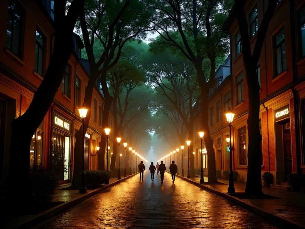 Atmospheric night scene in Shanghai's French Concession with plane trees and converted lane houses