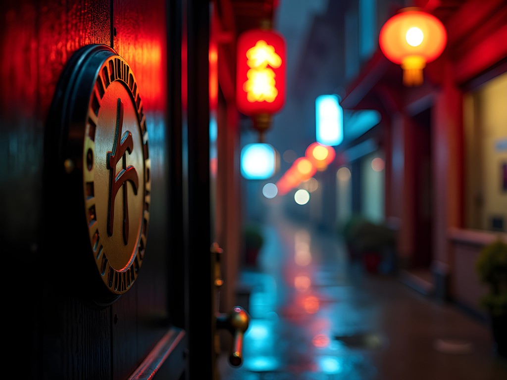 Mysterious entrance to a Shanghai speakeasy with subtle signage and atmospheric lighting