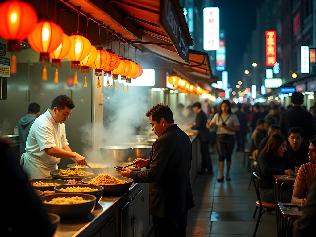 Vibrant late-night street food scene in Shanghai with chefs preparing traditional dishes