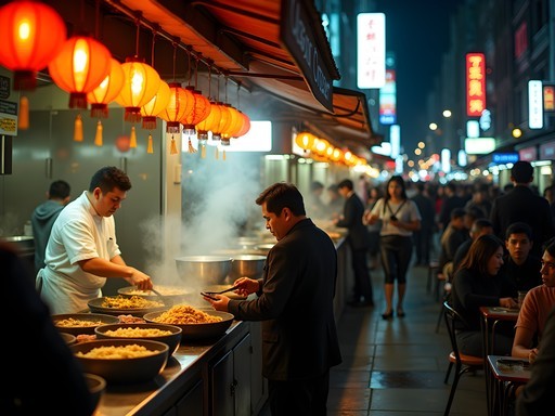 Vibrant late-night street food scene in Shanghai with chefs preparing traditional dishes