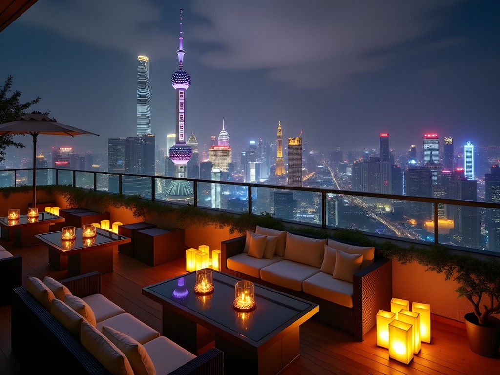 Luxurious rooftop bar in Pudong with panoramic view of Shanghai skyline at night