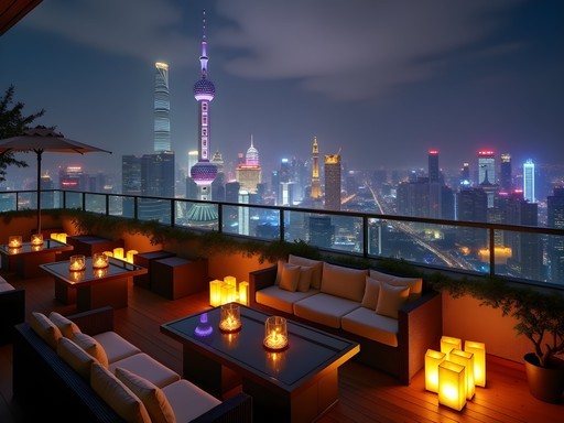 Luxurious rooftop bar in Pudong with panoramic view of Shanghai skyline at night