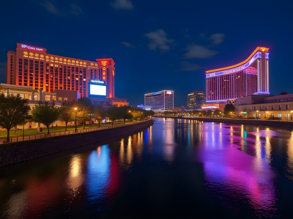Illuminated casino district along Shreveport's Red River at night