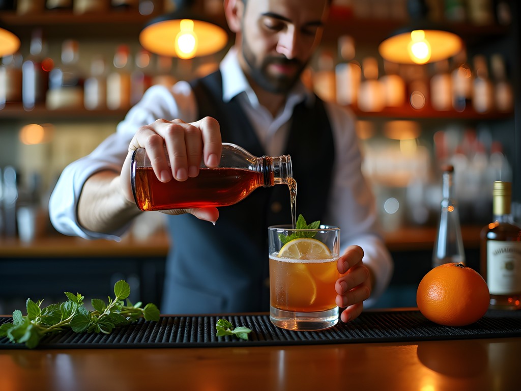 Bartender preparing craft cocktail at upscale Shreveport bar with bourbon and local ingredients