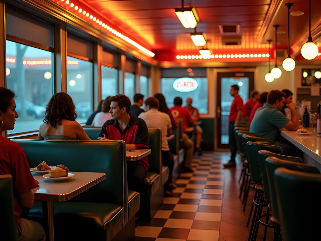 Late-night scene at classic Shreveport diner with diverse patrons enjoying comfort food