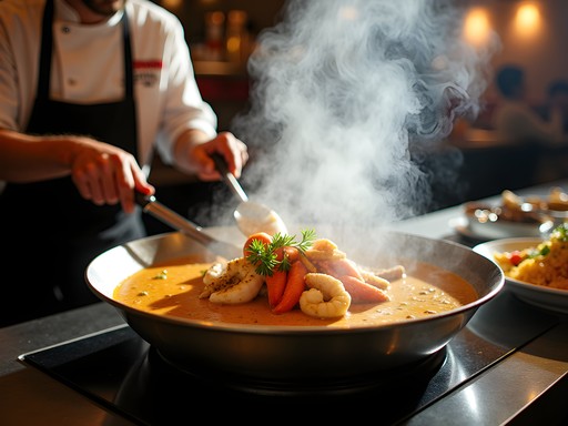Seafood pan roast being prepared at The Oyster Bar with steam rising from the dish