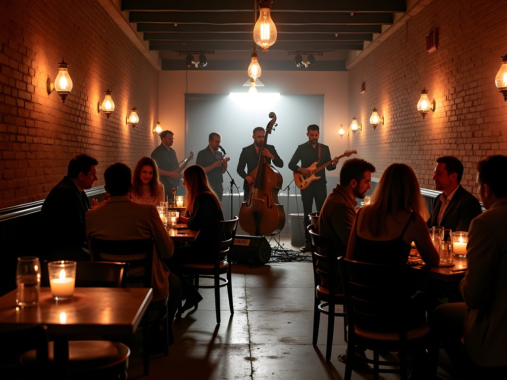 Jazz quartet performing at Purple Poulet with audience enjoying craft cocktails