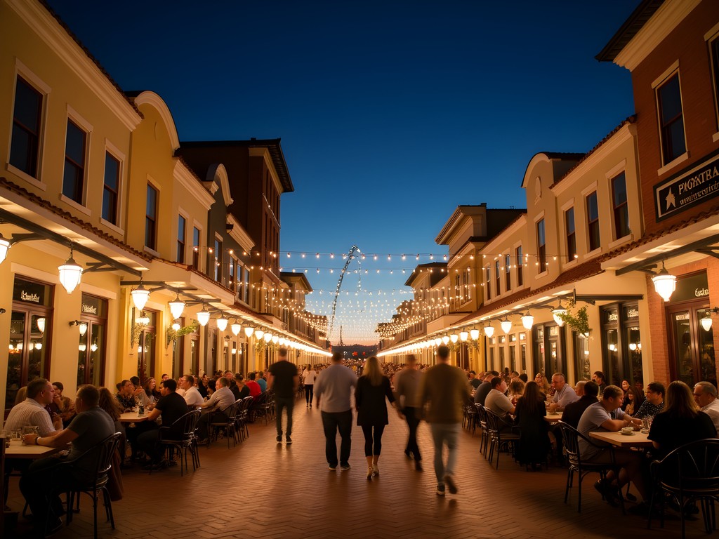 Victorian Square illuminated at night with outdoor seating and pedestrians