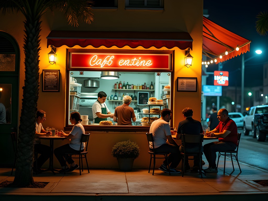 Cozy late-night Cuban café in St. Augustine with customers enjoying coffee and sandwiches