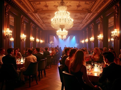Luxurious interior of an exclusive Stockholm nightclub with elegant lighting and VIP section