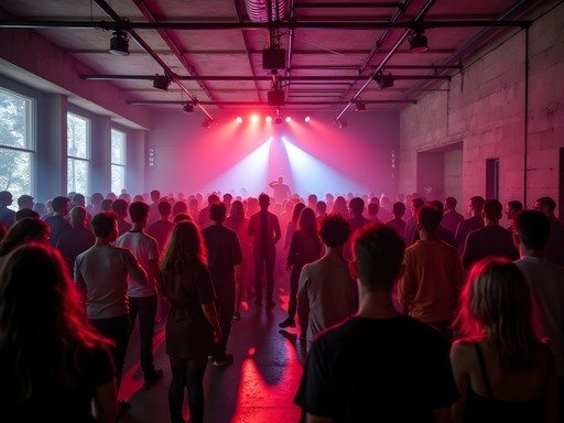 Atmospheric underground electronic music venue in Stockholm with industrial design elements