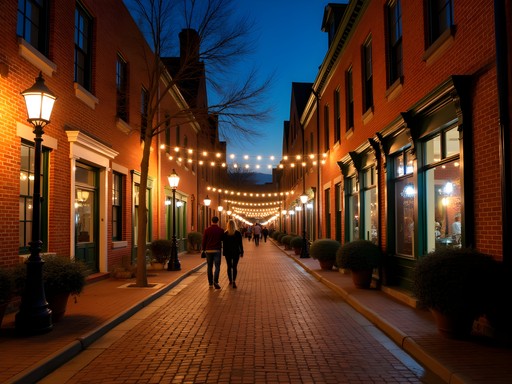 Suffolk historic district illuminated at night with string lights and couples strolling