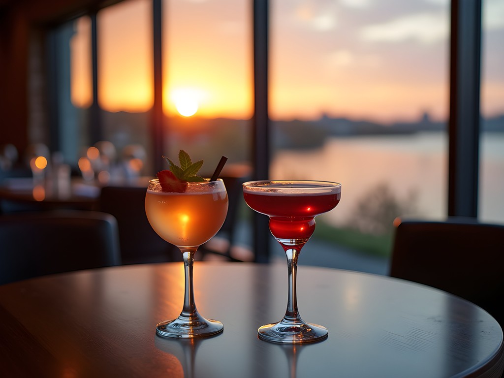 Couple enjoying craft cocktails with Suffolk riverfront view at sunset